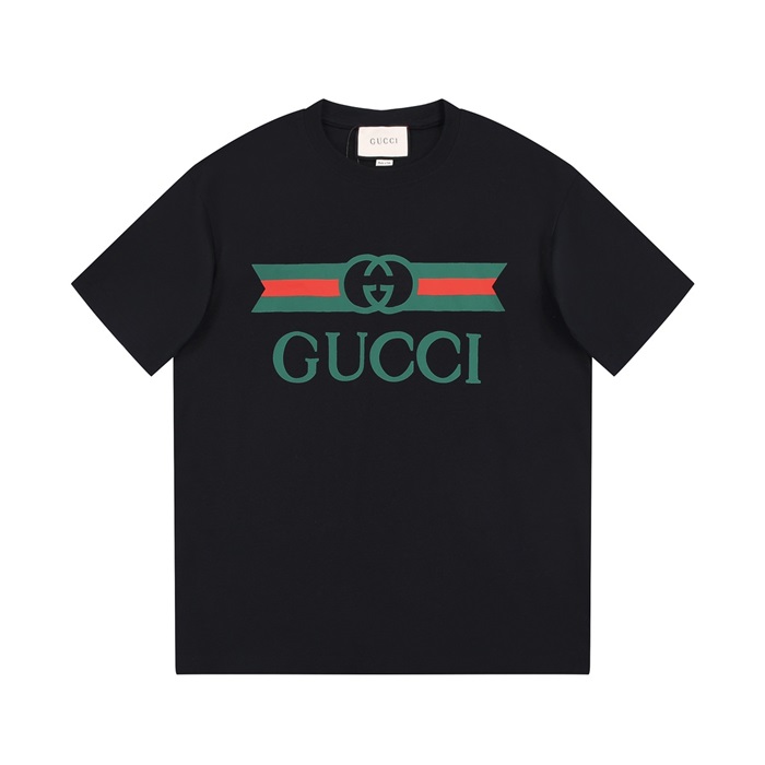 グッチユニセックスブラッククルーネック半袖Tシャツu298