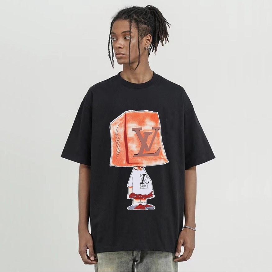 ルイヴィトンメンズブラッククルーネック半袖Tシャツv579