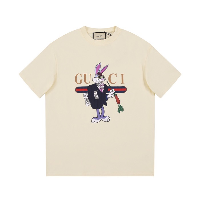 グッチユニセックスアイボリークルーネック半袖Tシャツu303