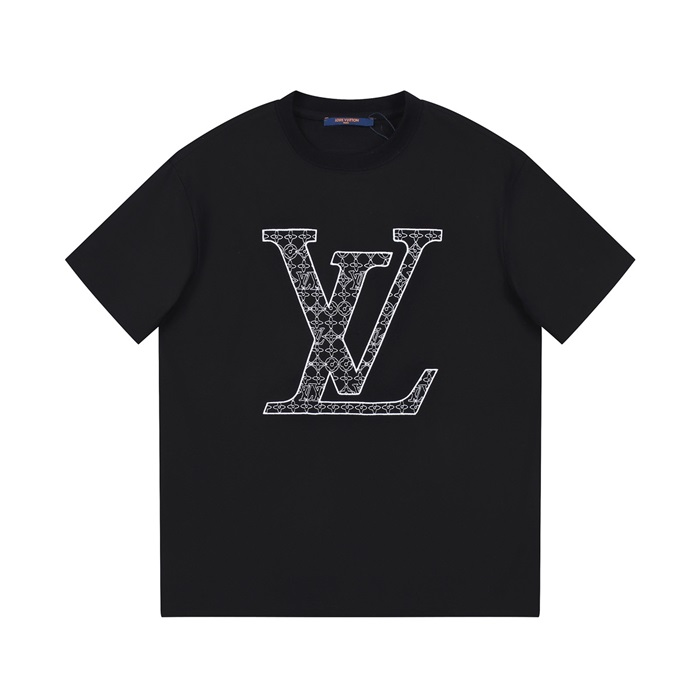 ルイヴィトンメンズブラッククルーネック半袖Tシャツv584