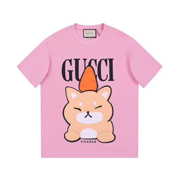 グッチユニセックスピンククルーネック半袖Tシャツu308