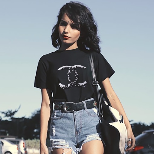 シャネルレディースクルーネックブラック半袖Tシャツh79