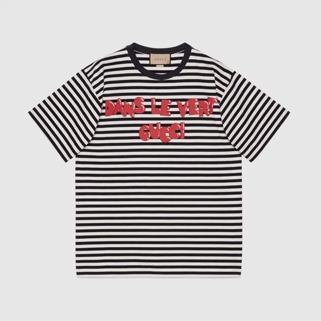 グッチユニセックスブラッククルーネック半袖Tシャツu371