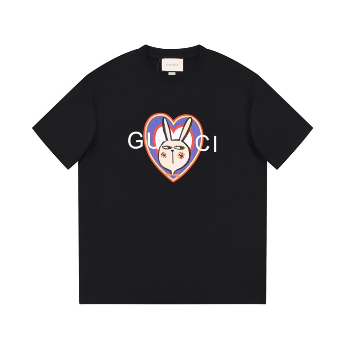 グッチユニセックスブラッククルーネック半袖Tシャツu540