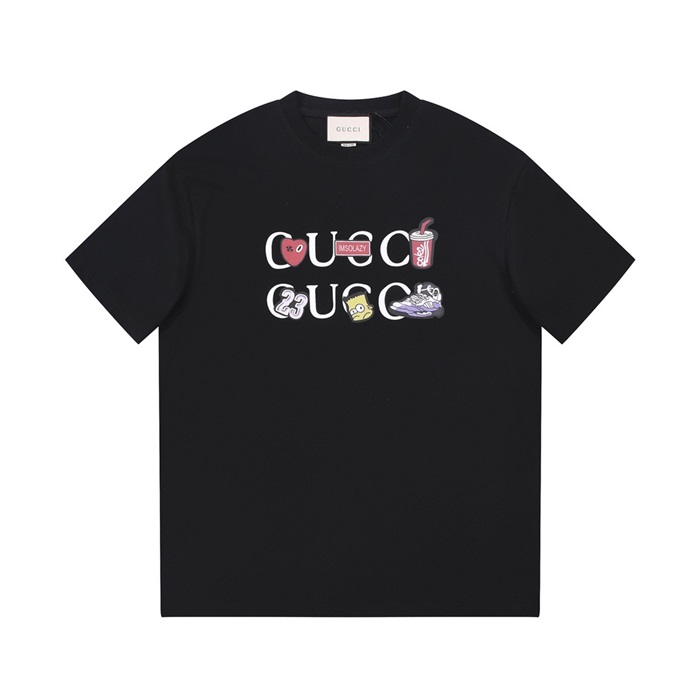 グッチユニセックスブラッククルーネック半袖Tシャツu545