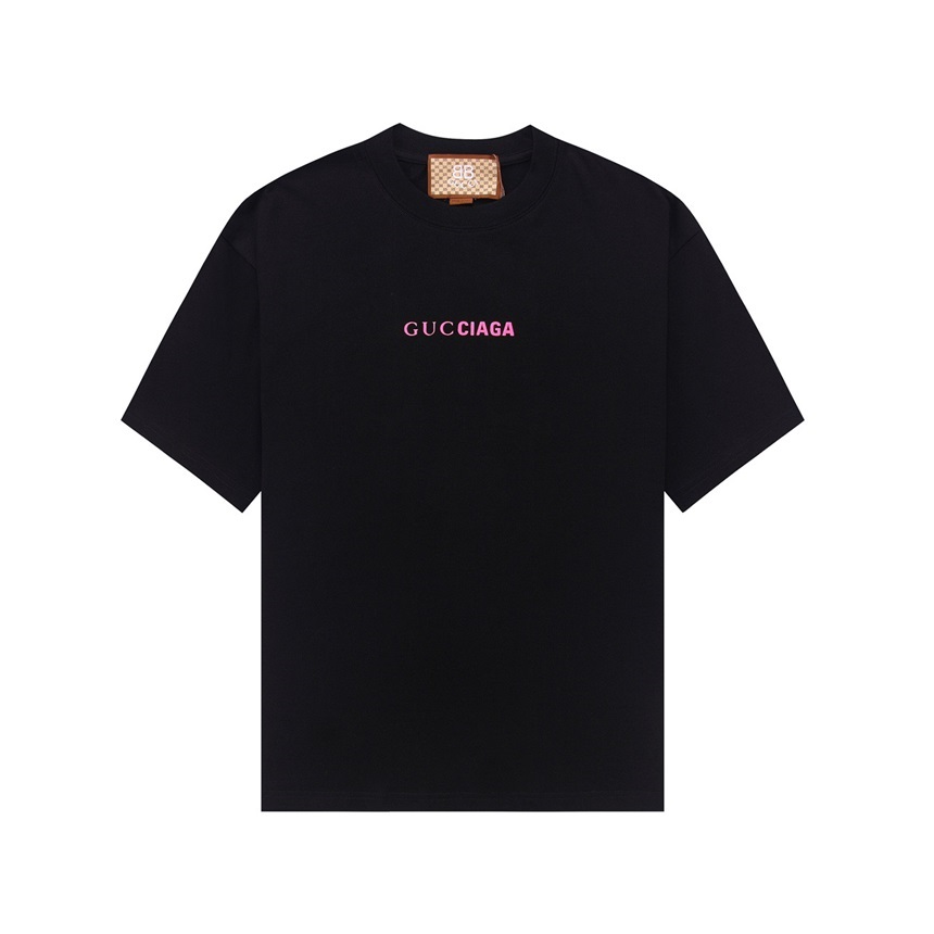 グッチユニセックスブラッククルーネック半袖Tシャツu574