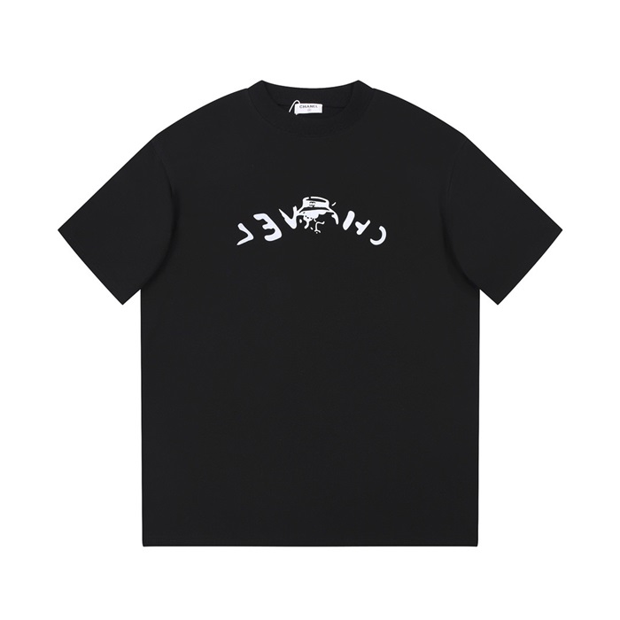 シャネルユニセックスクルーネックブラック半袖Tシャツh98