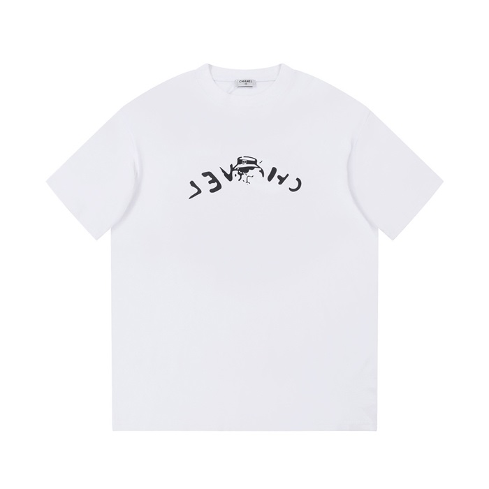 シャネルユニセックスクルーネックホワイト半袖Tシャツh99