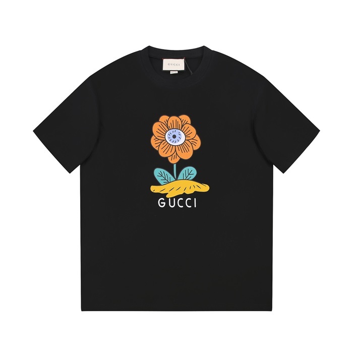 グッチユニセックスブラッククルーネック半袖Tシャツu642