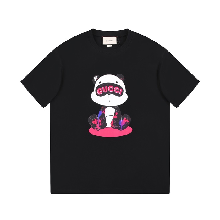 グッチユニセックスブラッククルーネック半袖Tシャツu645