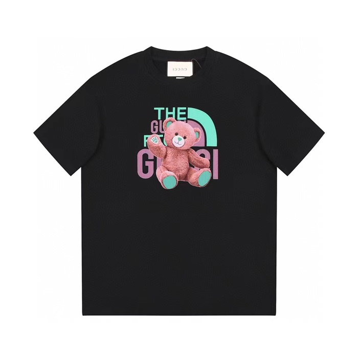 グッチユニセックスブラッククルーネック半袖Tシャツu648