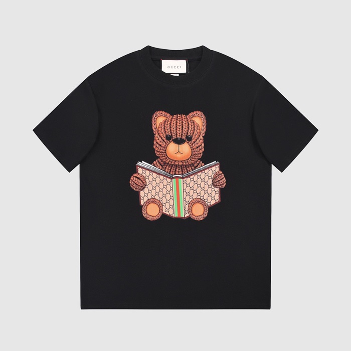 グッチユニセックスブラッククルーネック半袖Tシャツu653