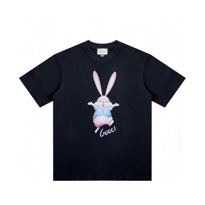 グッチユニセックスブラッククルーネック半袖Tシャツu659