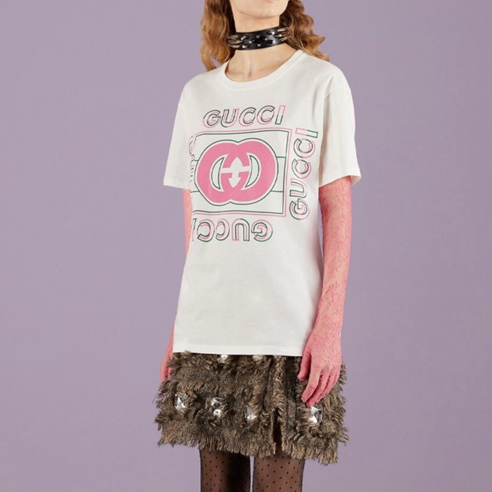 グッチレディースホワイトクルーネック半袖Tシャツu662