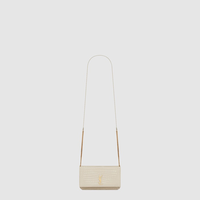 サンローランレディース光沢クロコダイルエンボスレザーストラップモノグラムフォンルダーl760