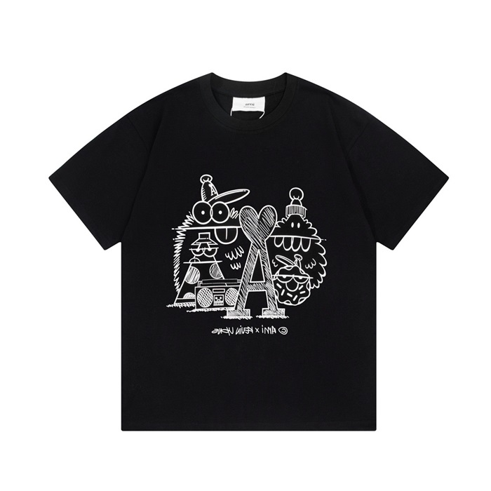 アミメンズクルーネックブラック半袖Tシャツm06
