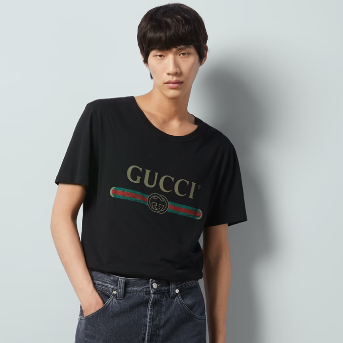 グッチユニセックスブラッククルーネック半袖Tシャツu688