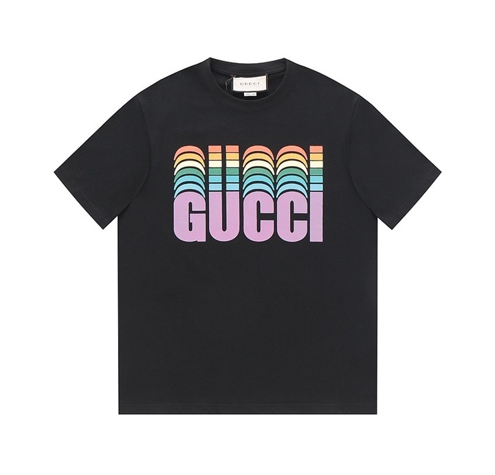 グッチユニセックスブラッククルーネック半袖Tシャツu695