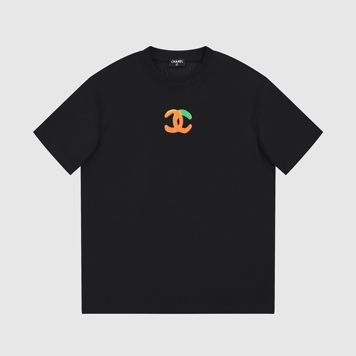 シャネルユニセックスクルーネックブラック半袖Tシャツh421