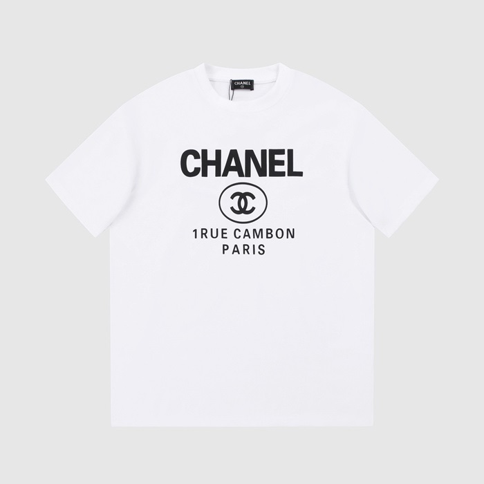 シャネルユニセックスクルーネックホワイト半袖Tシャツh422