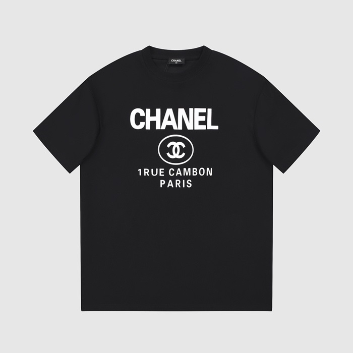 シャネルユニセックスクルーネックブラック半袖Tシャツh423
