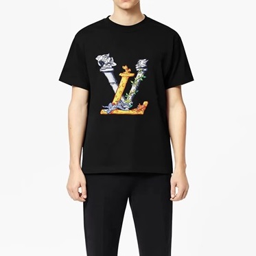 ルイヴィトンメンズブラッククルーネック半袖Tシャツv1072