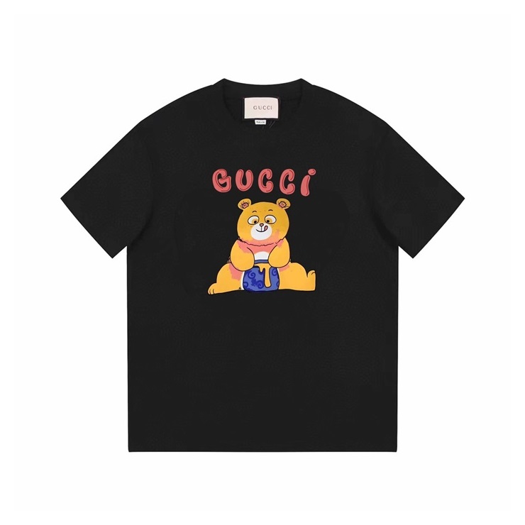 グッチユニセックスブラッククルーネック半袖Tシャツu716