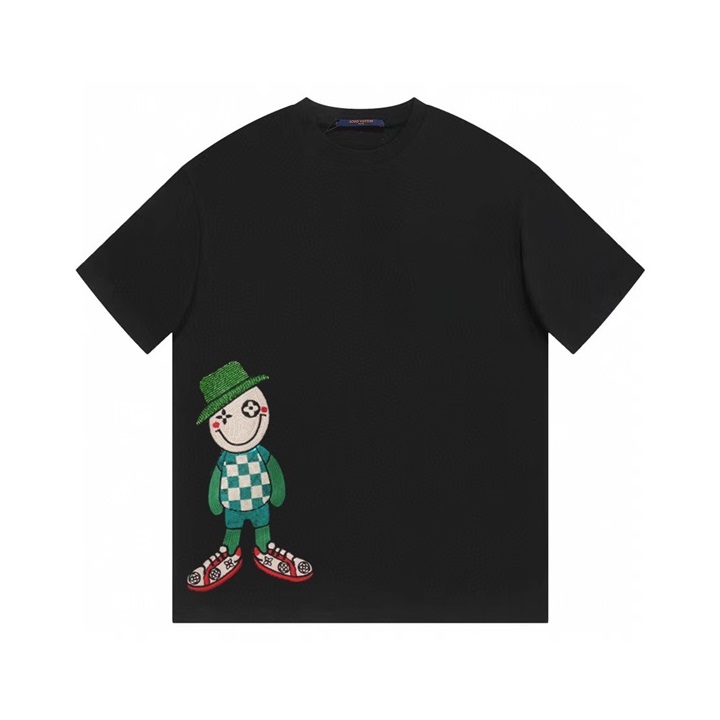 ルイヴィトンメンズブラッククルーネック半袖Tシャツv1101