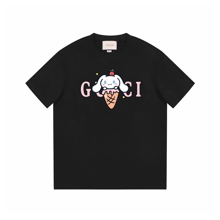 グッチユニセックスブラッククルーネック半袖Tシャツu728