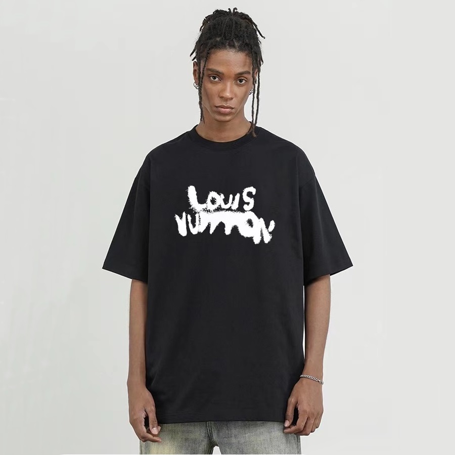 ルイヴィトンメンズブラッククルーネック半袖Tシャツv1119