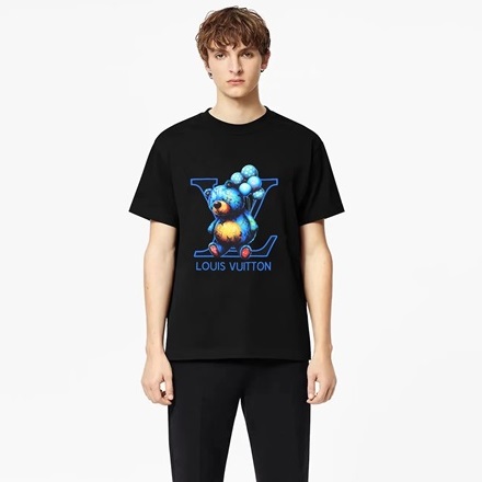 ルイヴィトンメンズブラッククルーネック半袖Tシャツv1147