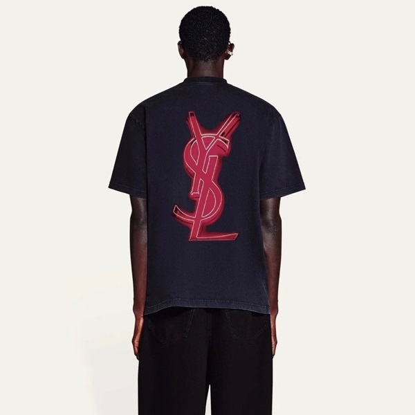 サンローランメンズブラッククルーネック半袖Tシャツl368