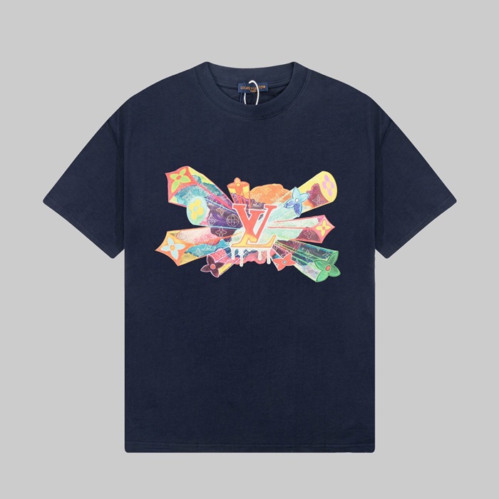 ルイヴィトンメンズネイビークルーネック半袖Tシャツv1373