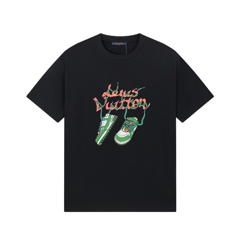 ルイヴィトンメンズブラッククルーネック半袖Tシャツv1378