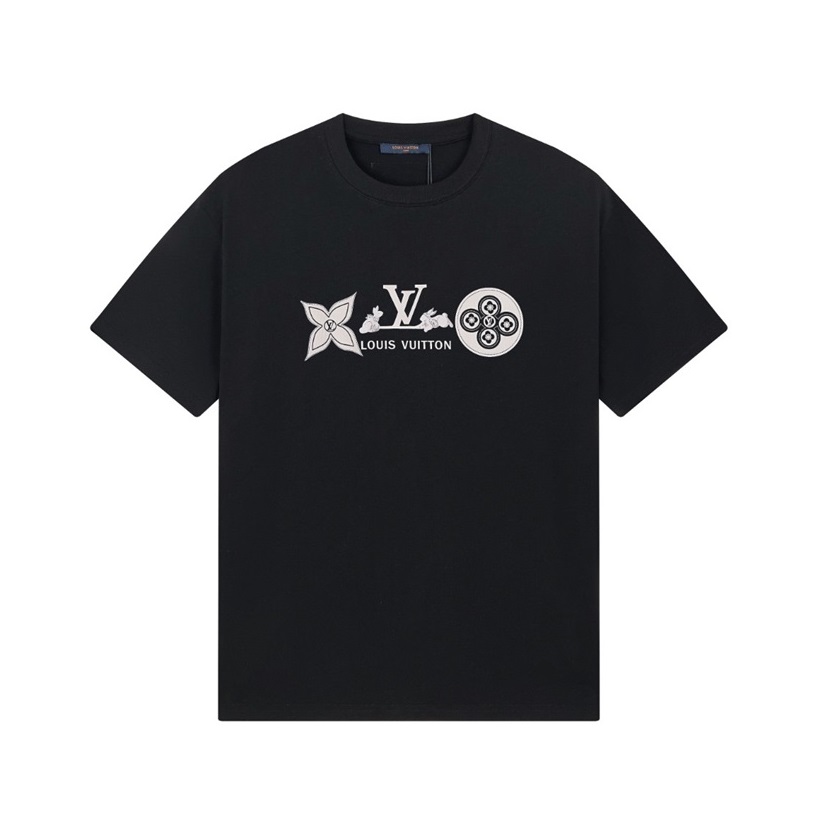 ルイヴィトンメンズブラッククルーネック半袖Tシャツv1380