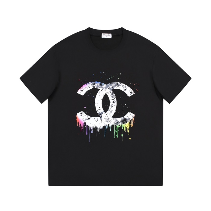 シャネルユニセックスクルーネックブラック半袖Tシャツh430
