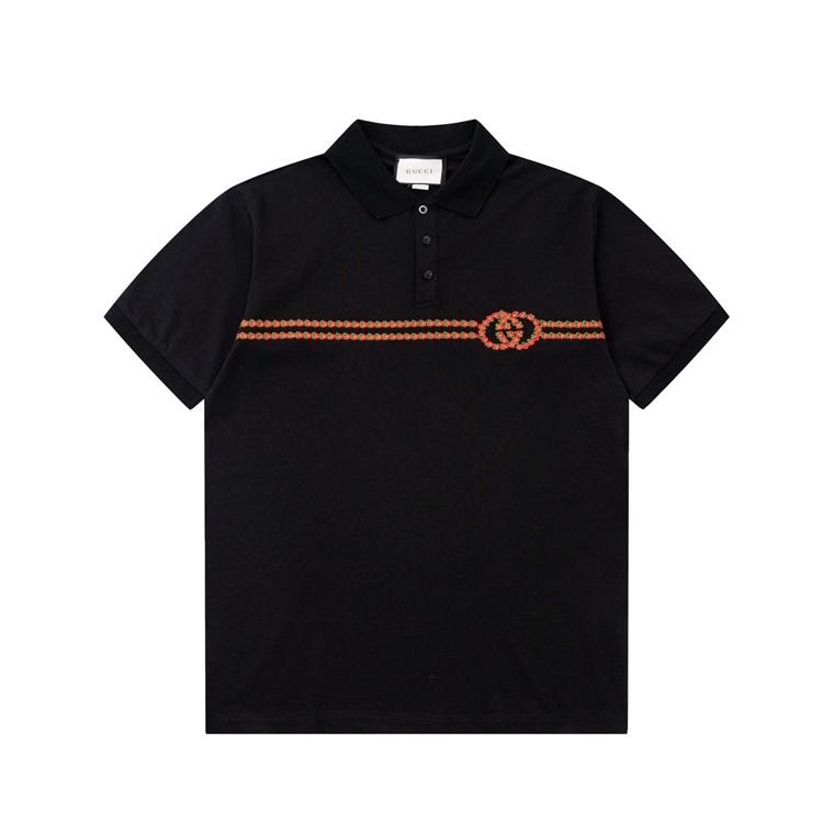 グッチユニセックスブラックポロ半袖Tシャツu780