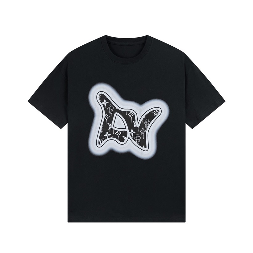 ルイヴィトンメンズブラッククルーネック半袖Tシャツv1432