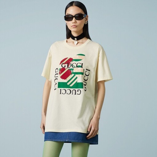 グッチユニセックスホワイトクルーネック半袖Tシャツu786