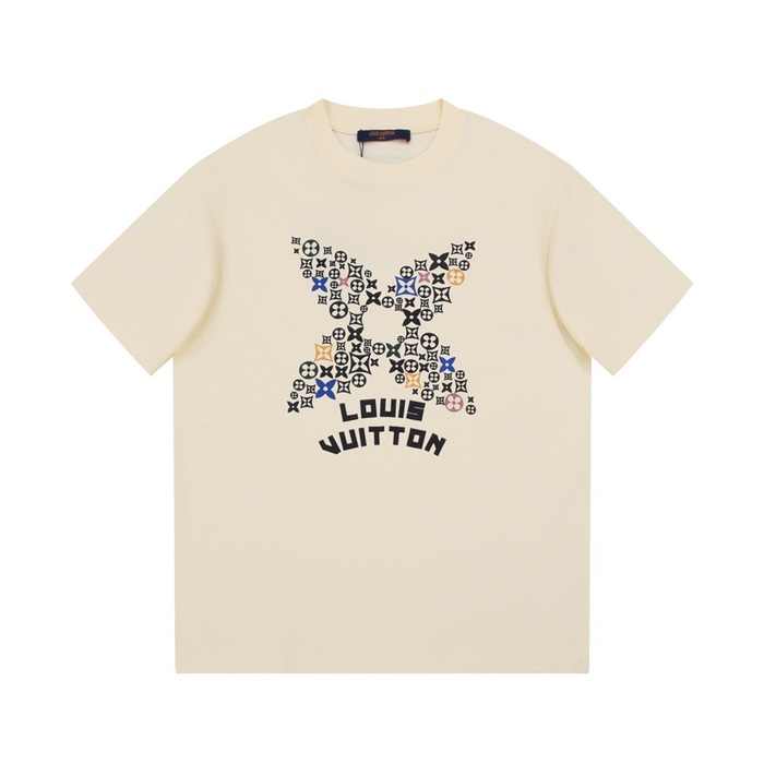 ルイヴィトンメンズクルーネックアイボリー半袖Tシャツv1536