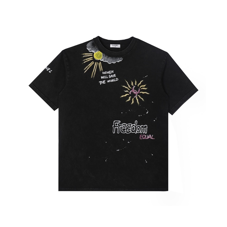 シャネルユニセックスクルーネックブラック半袖Tシャツh478