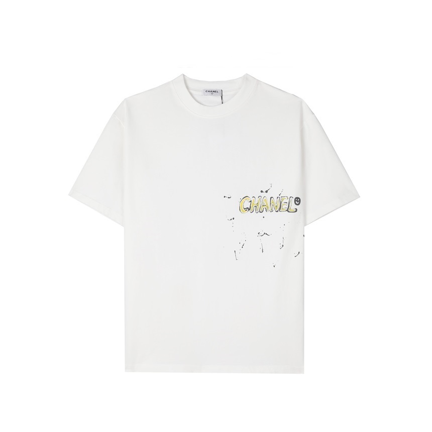 シャネルユニセックスクルーネックホワイト半袖Tシャツh479