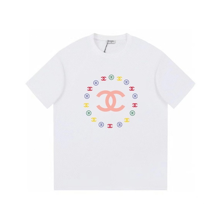 シャネルユニセックスクルーネックホワイト半袖Tシャツh483