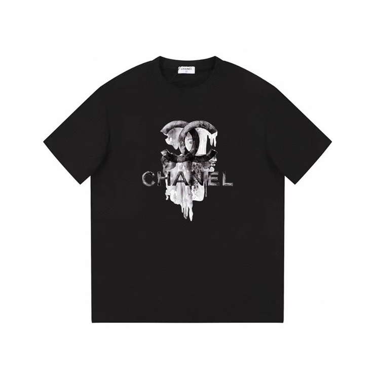 シャネルユニセックスクルーネックブラック半袖Tシャツh486