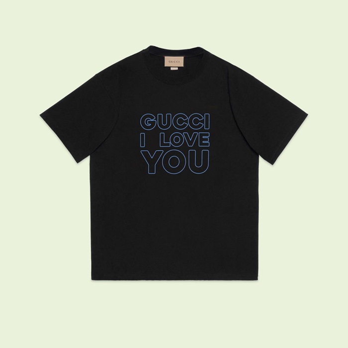 グッチユニセックスブラッククルーネック半袖Tシャツu894