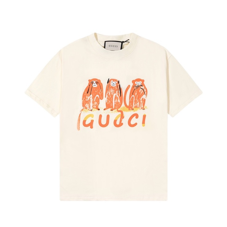 グッチユニセックスアイボリークルーネック半袖Tシャツu919