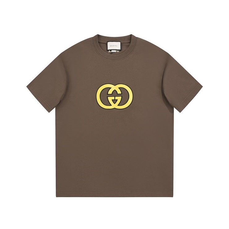 グッチユニセックスキャメルクルーネック半袖Tシャツu924