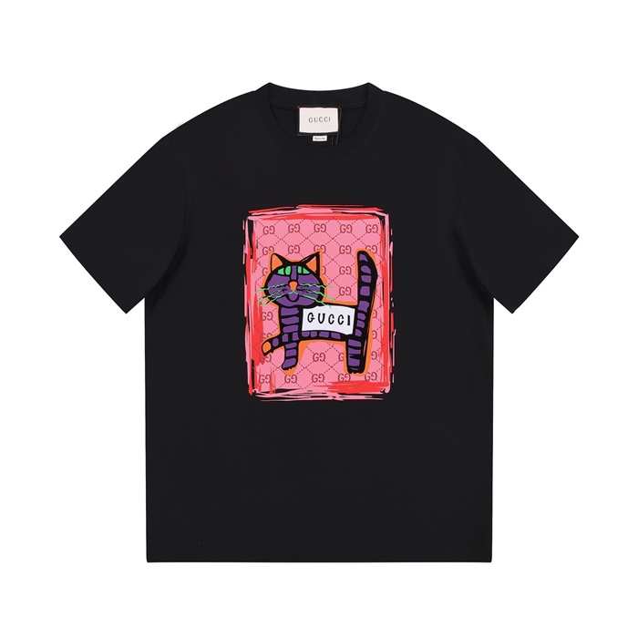 グッチユニセックスブラッククルーネック半袖Tシャツu934