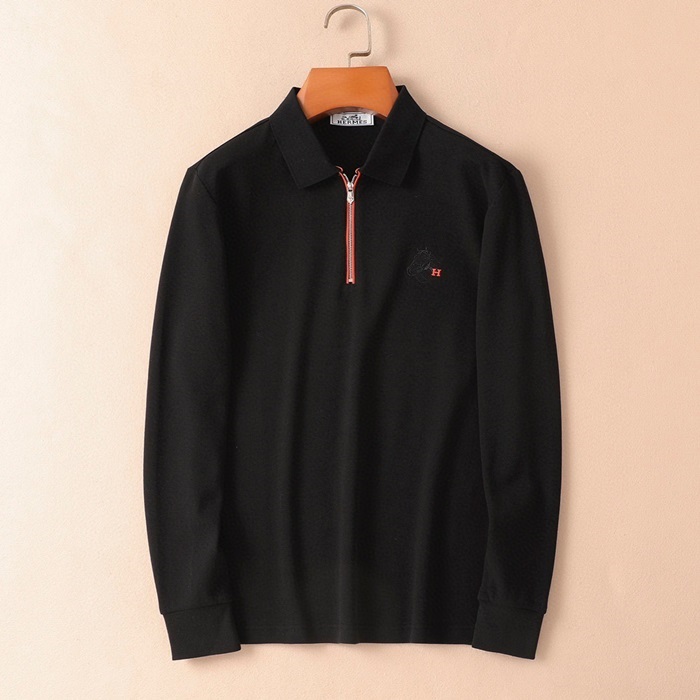 エルメスメンズブラックポロ長袖Tシャツe348