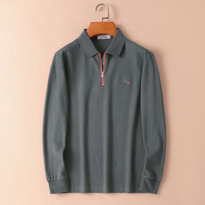 エルメスメンズグリーンポロ長袖Tシャツe349